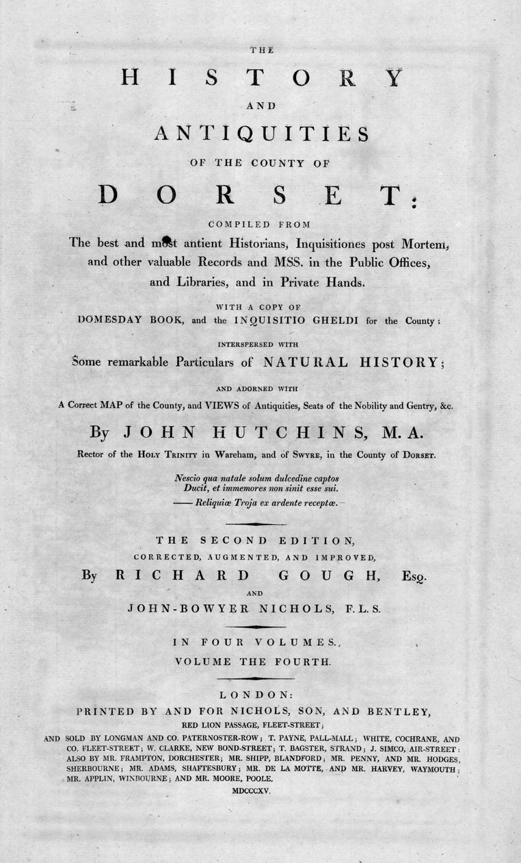Dorsetin piirikunnan historian ja antiikkiesineiden nimisivu, 1815. tekijältä Unbekannt