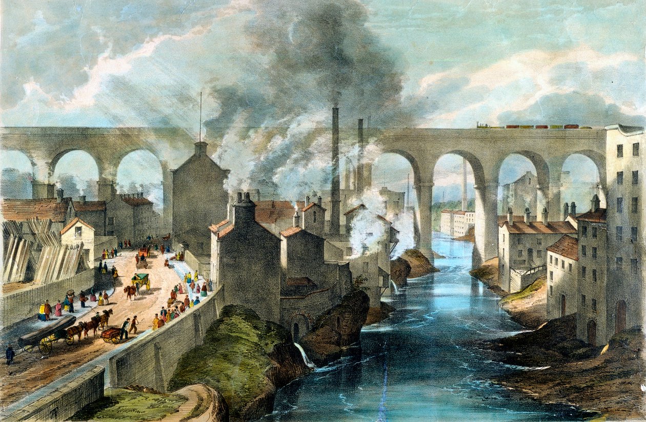 Juna ylittää Stockportin maasillan Lontoon ja North Western Railwayn varrella, c1845 tekijältä Unbekannt