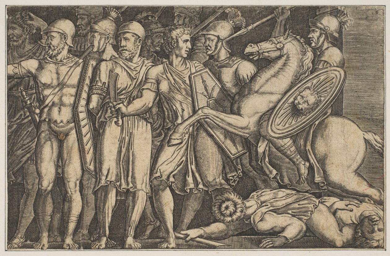 Trajanus taistelee daakia vastaan, Trajanus hevosen selässä oikealla ratsastamassa kohti ryhmää..., n. 1515-1600. tekijältä Unbekannt