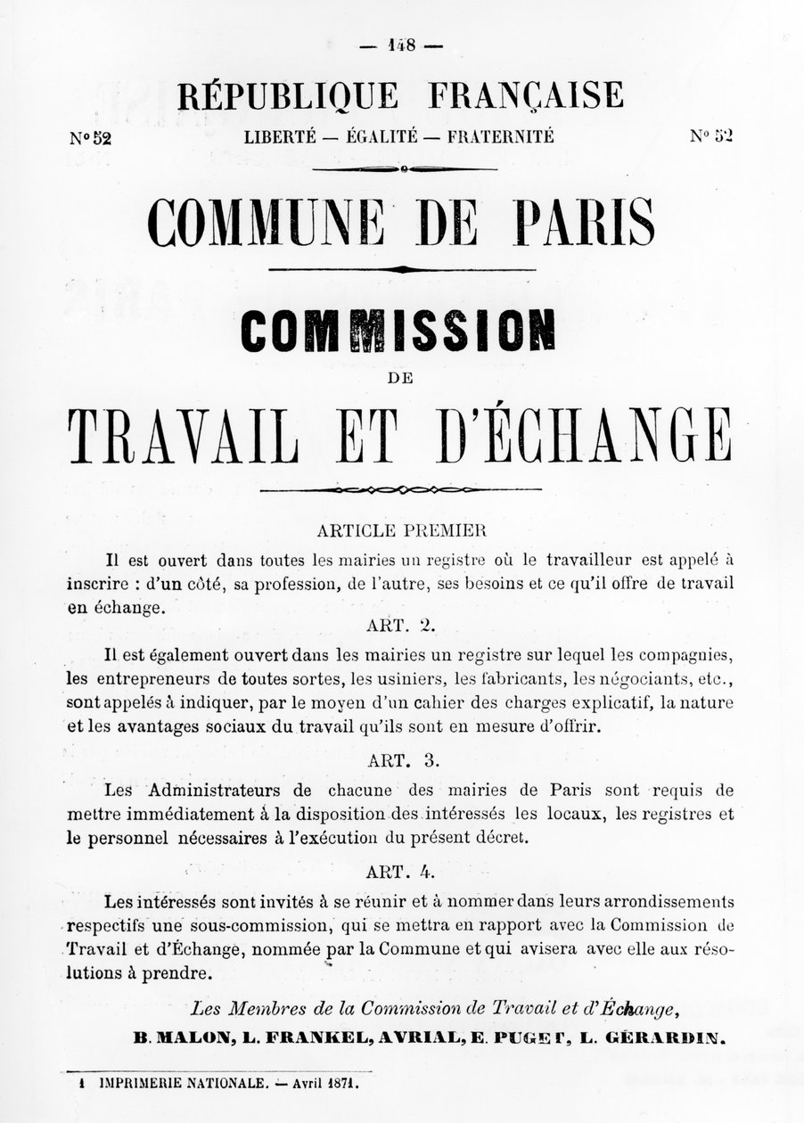 Travail et DEchange, Pariisin kommuunin ranskalaisista poliittisista julisteista, toukokuu 1871 tekijältä Unbekannt