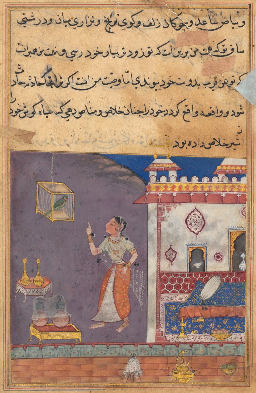 Tuti-Nama Tales of a papukaija: Tarina XXIX, pieni ilves syrjäytti luolastaan leijonan #XIV, n. 1560. tekijältä Unbekannt