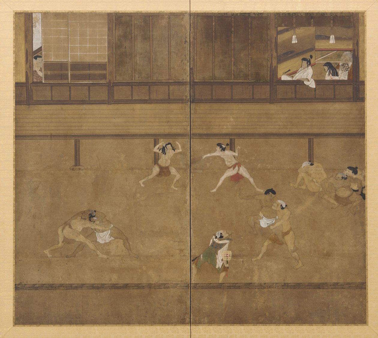 Kaksipaneelinen näyttö, joka kuvaa painijoita, Edo-kausi, 1600-luku. tekijältä Unbekannt