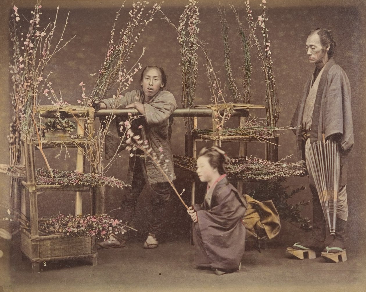 [Kaksi japanilaista miestä ja yksi japanilainen nainen poseeraa kukkivilla oksilla], 1870-luku, tekijältä Unbekannt