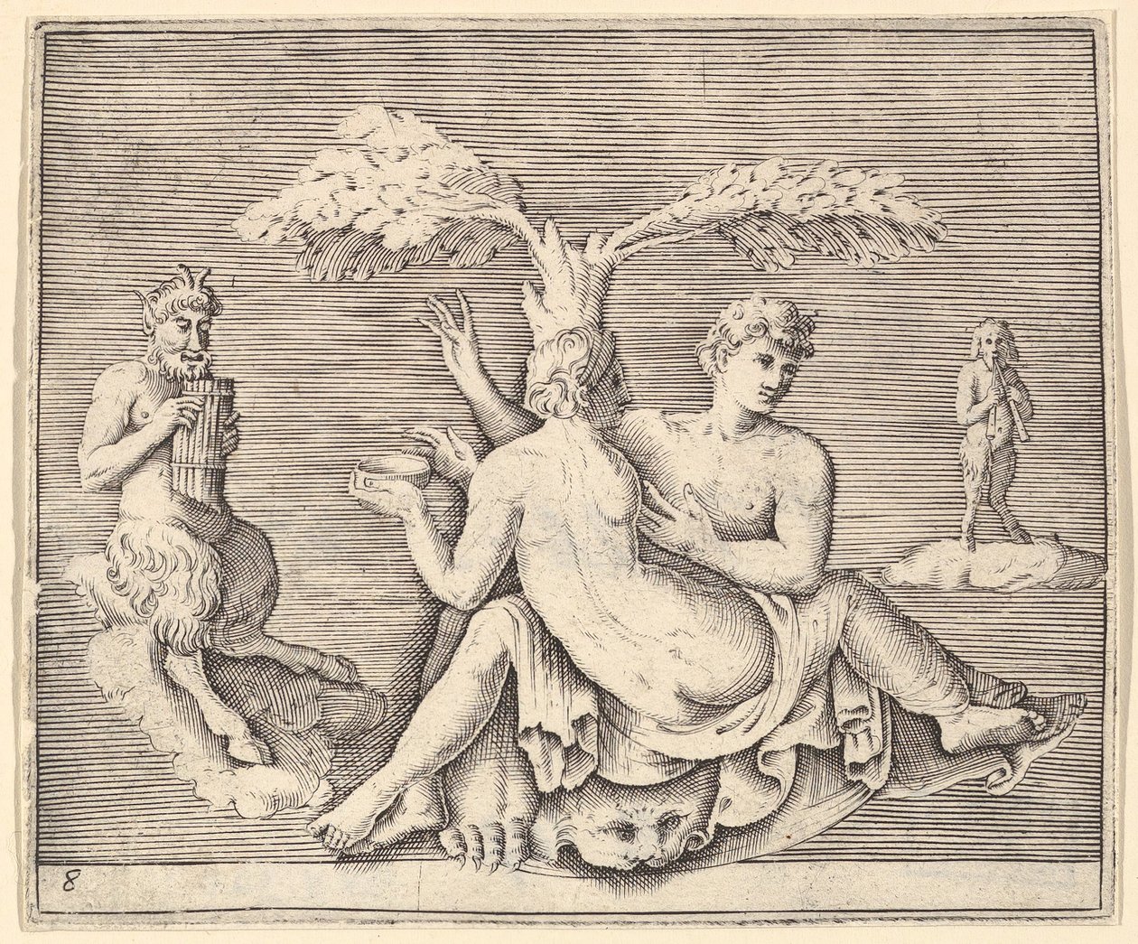 Two Lovers with Pan, julkaistu n. 1599-1622. tekijältä Unbekannt
