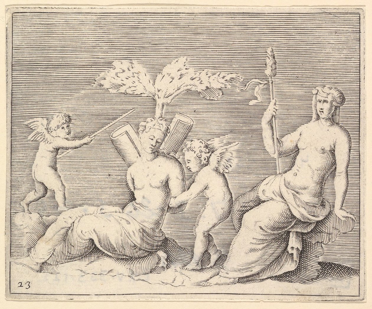 Two Women and Two Cupids, julkaistu n. 1599-1622. tekijältä Unbekannt