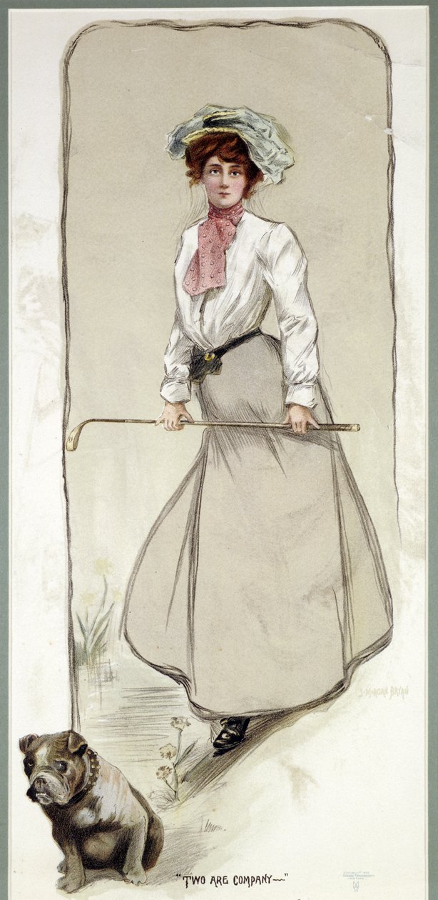 "Two are Company", nainen golfaaja koiransa kanssa, c1900 tekijältä Unbekannt