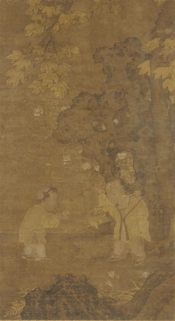Kaksi poikaa leikkimässä leijonanukon kanssa, Ming-dynastia, 1400-1500-luku. tekijältä Unbekannt
