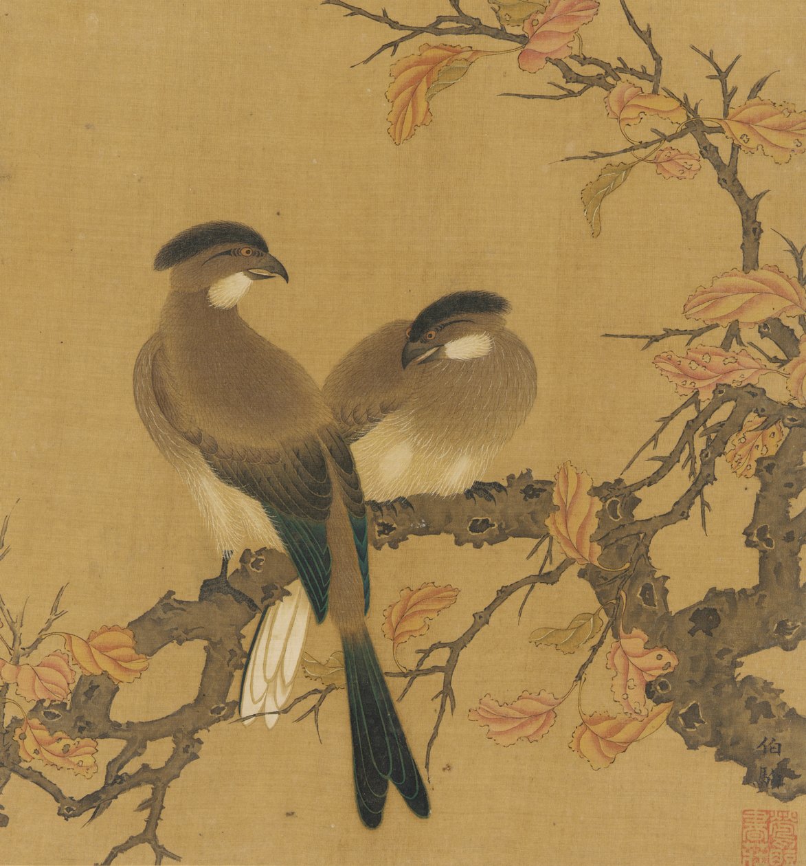Kaksi harjalintua oksalla, syksyn lehdet, Qing-dynastia, 1700-luku. tekijältä Unbekannt
