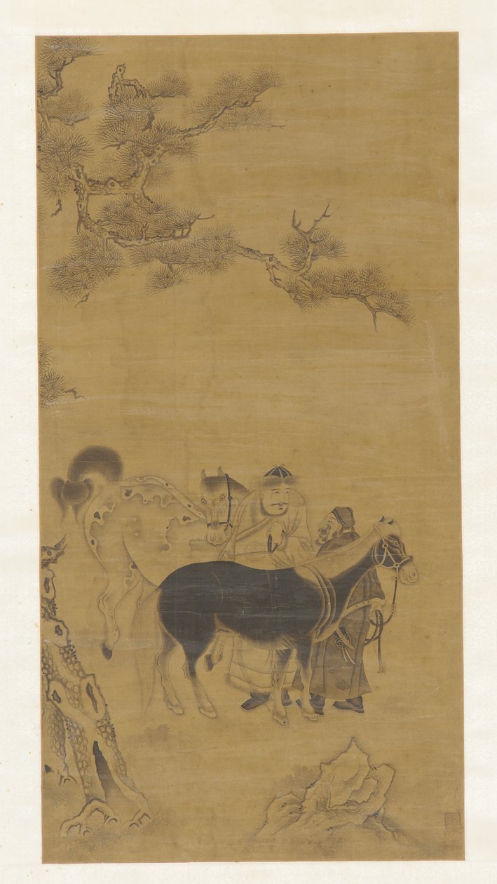 Kaksi miestä ja kaksi hevosta männyn alla, Qing-dynastia, 1700-luku. tekijältä Unbekannt