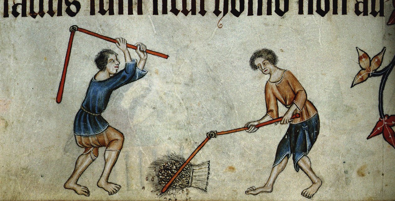 Kaksi miestä puimamassaa Luttrell-psalterista, n. 1330 tekijältä Unbekannt