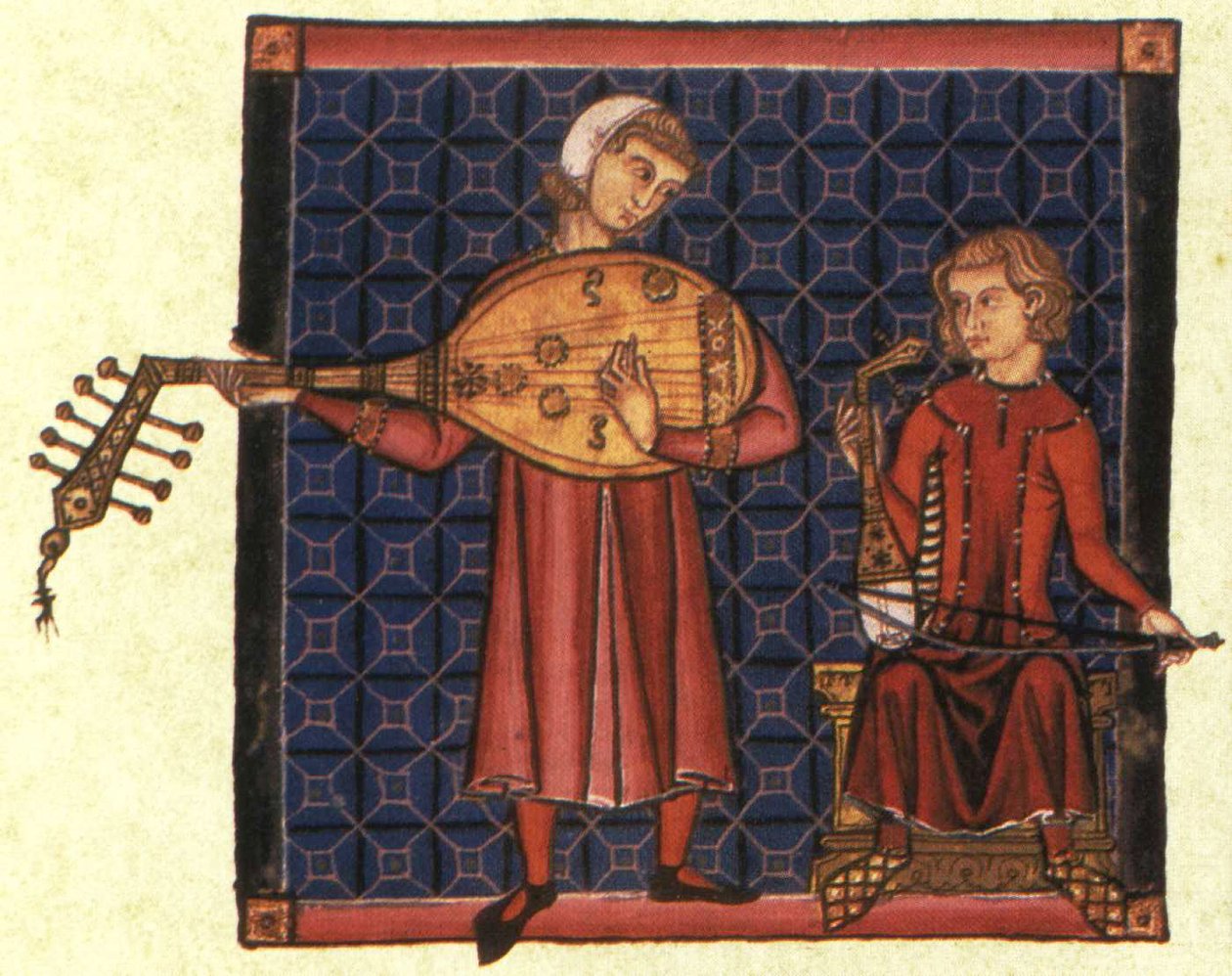 Kaksi minstreliä. Kuvitus koodista Cantigas de Santa Maria, n. 1280 tekijältä Unbekannt