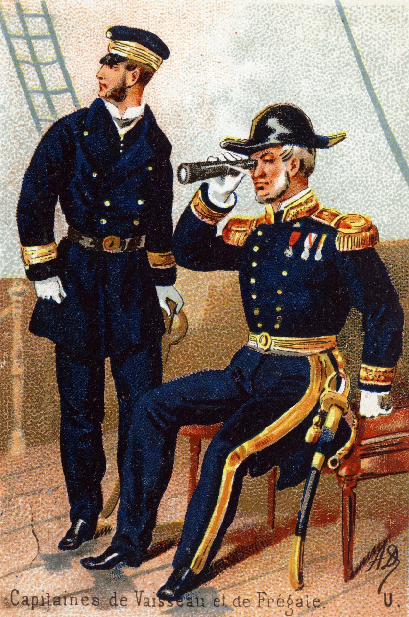 U: Kapteeni laivat ja fregatti. Kaiverrus "Military Alphabet" -kirjaimella. Kuvittajan nimikirjaimet: A. D. Tuntematon kustantaja. Kromolitografiat 1800-luvun lopulla. Mitat: 10,5 x 7 cm. tekijältä Unbekannt