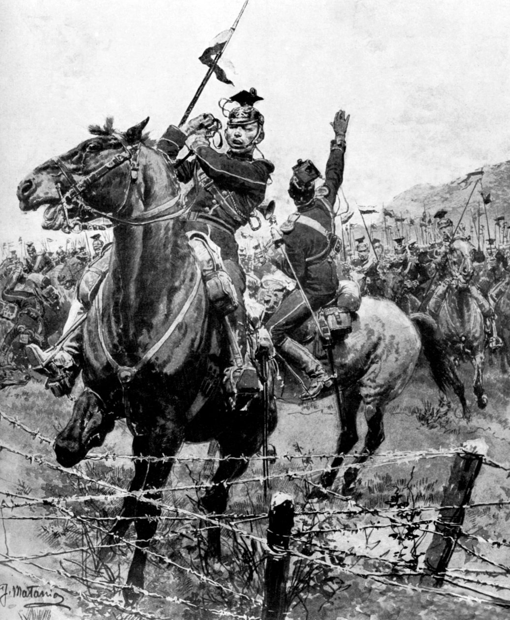 Uhlanit tarkastettiin piikkilangalla lähellä Liegeä Belgiassa, ensimmäinen maailmansota, 1914 tekijältä Unbekannt