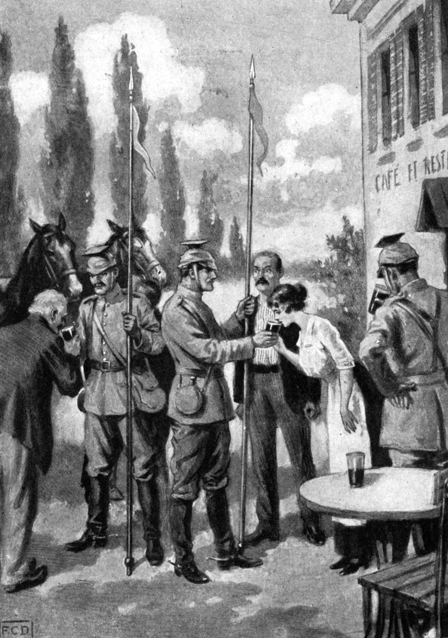 Uhlalaiset vaativat virvokkeita belgialaisilta kyläläisiltä, ensimmäinen maailmansota, 1914 tekijältä Unbekannt