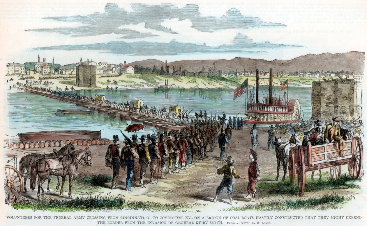 Unionin vapaaehtoiset ylittämässä Ohio-jokea, Cincinnati, Ohio, Amerikan sisällissota, c1862 tekijältä Unbekannt