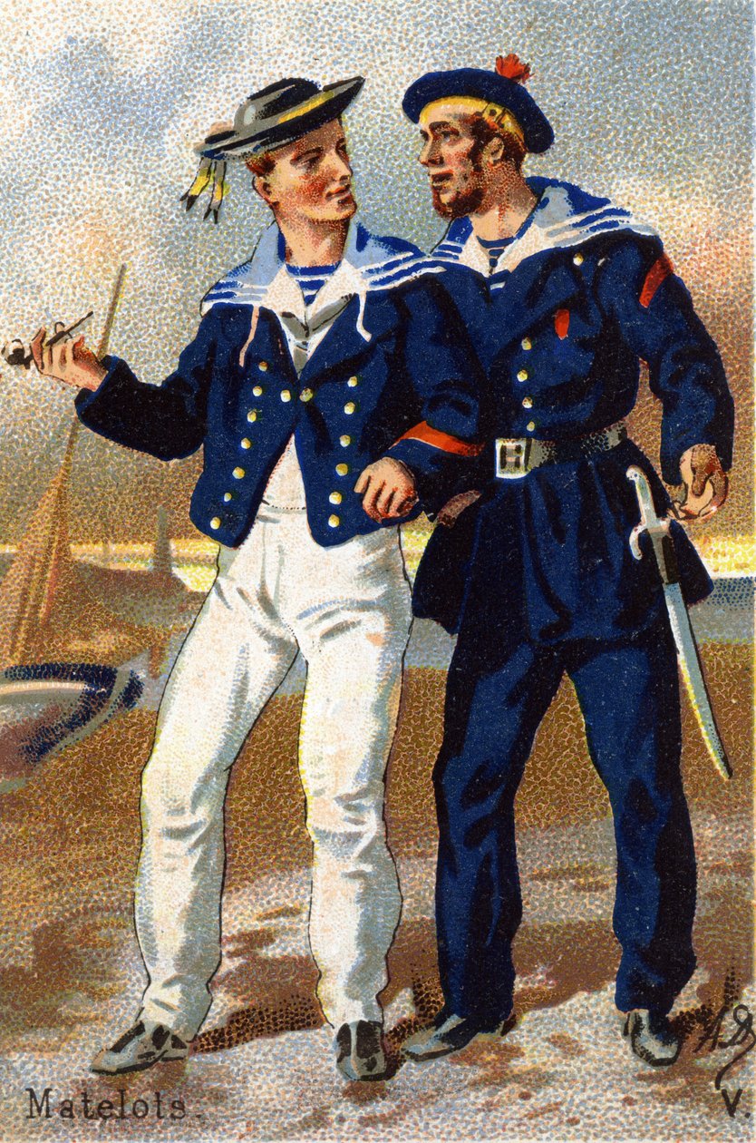 V: Merimiehet. Kaiverrus "Military Alphabet" -kirjaimella. Kuvittajan nimikirjaimet: A. D. Tuntematon kustantaja. Kromolitografiat 1800-luvun lopulla. Mitat: 10,5 x 7 cm. tekijältä Unbekannt