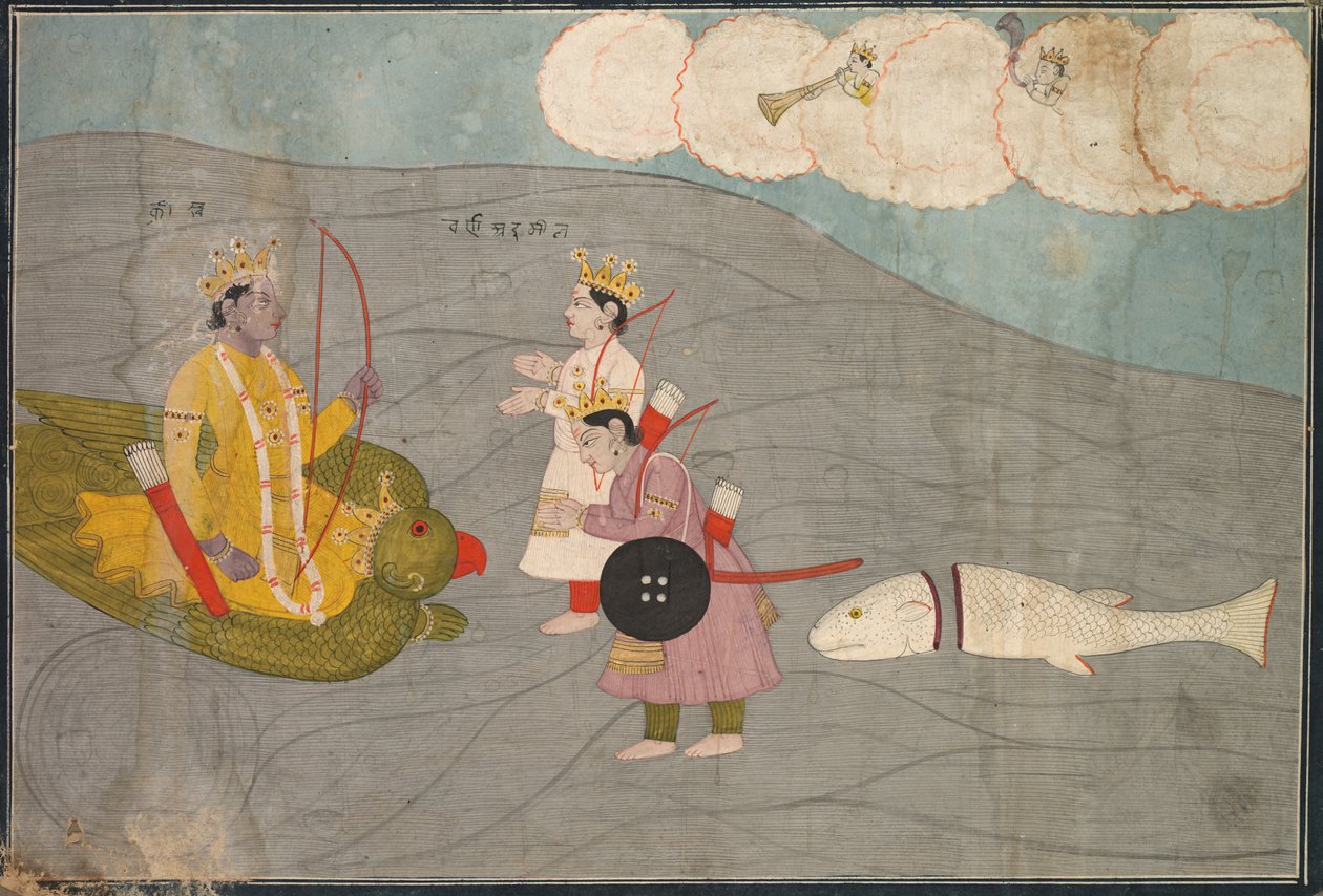 Vanasuras Sons Submit to Krishna: Kohtaus Krishna Lilan Aniruddha Usha -osastosta, n. 1840. tekijältä Unbekannt