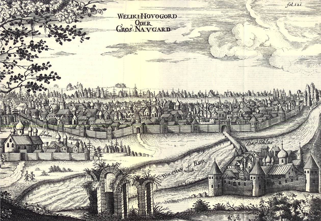 Velikiy Novgorod -kuva Adam Oleariuksen matkoista Moskovan suurelle herttualle ja Persian kuninkaalle, 1656 tekijältä Unbekannt