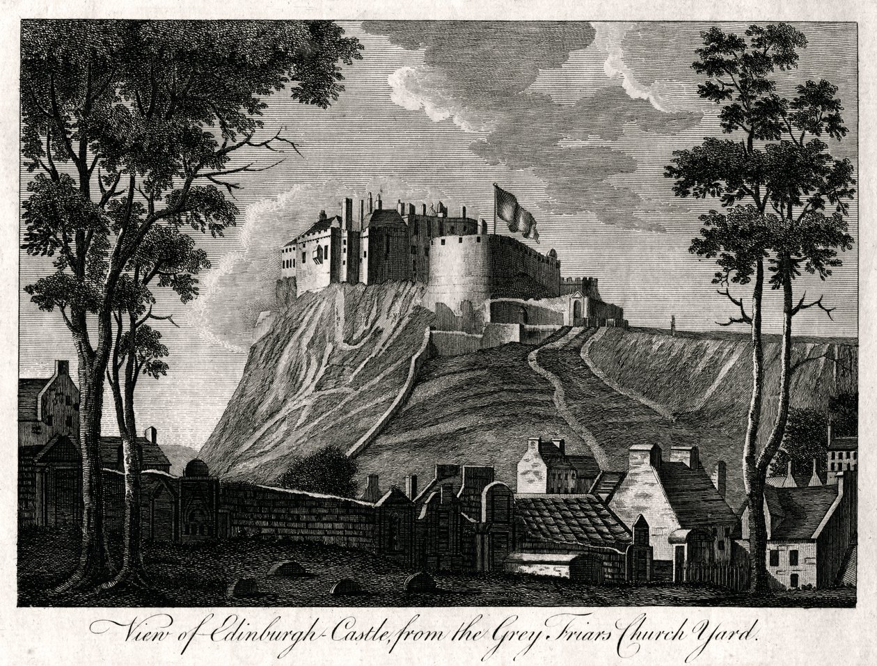 Näkymä Edinburghin linnalle Grey Friars Church Yardista, 1700-luku tekijältä Unbekannt