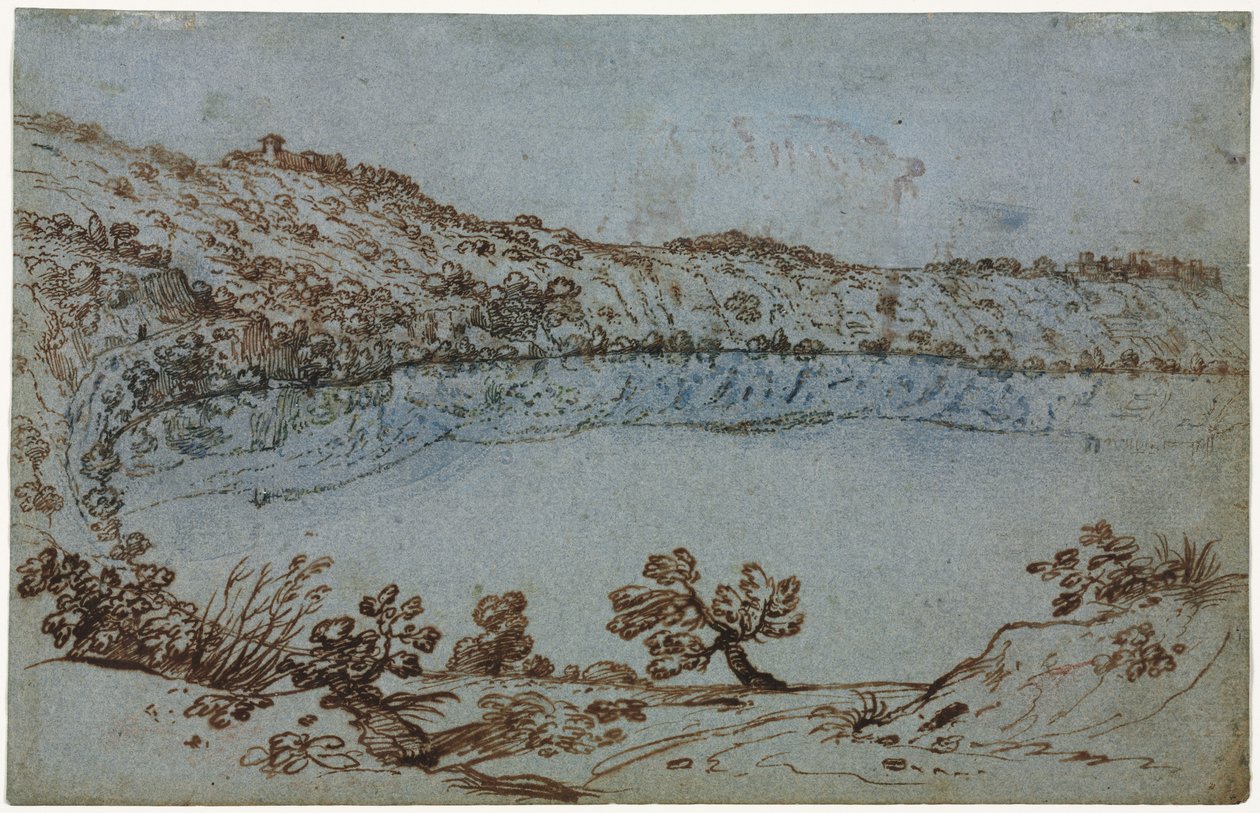 Näkymä Nemi-järvelle recto Pieni ryhmä roomalaisia raunioita verso, n. 1650. tekijältä Unbekannt