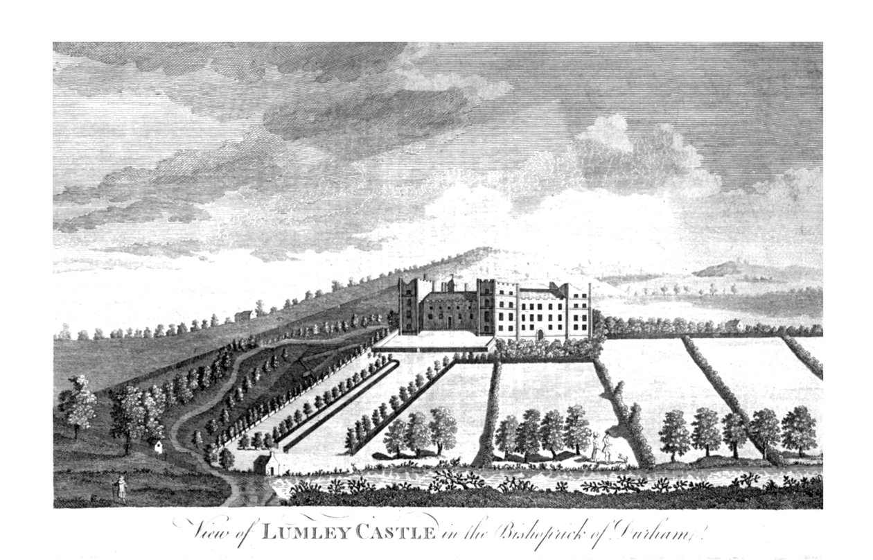Näkymä Lumleyn linnasta Durhamin piispanalueella, n. 1779-1790 tekijältä Unbekannt