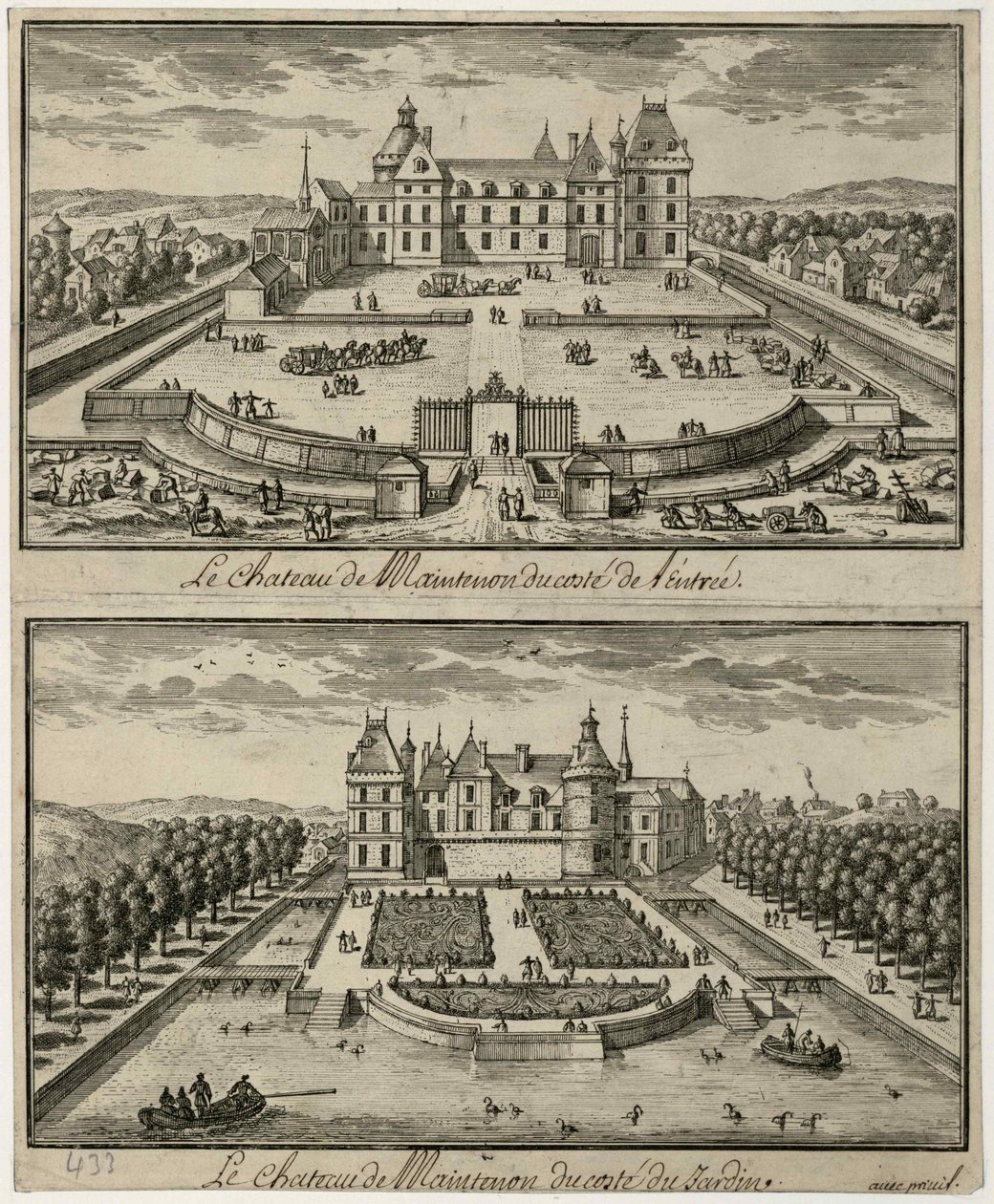 Näkymä Château de Maintenonin sisäänkäynnistä ja puutarhasta, 1600-luku. tekijältä Unbekannt