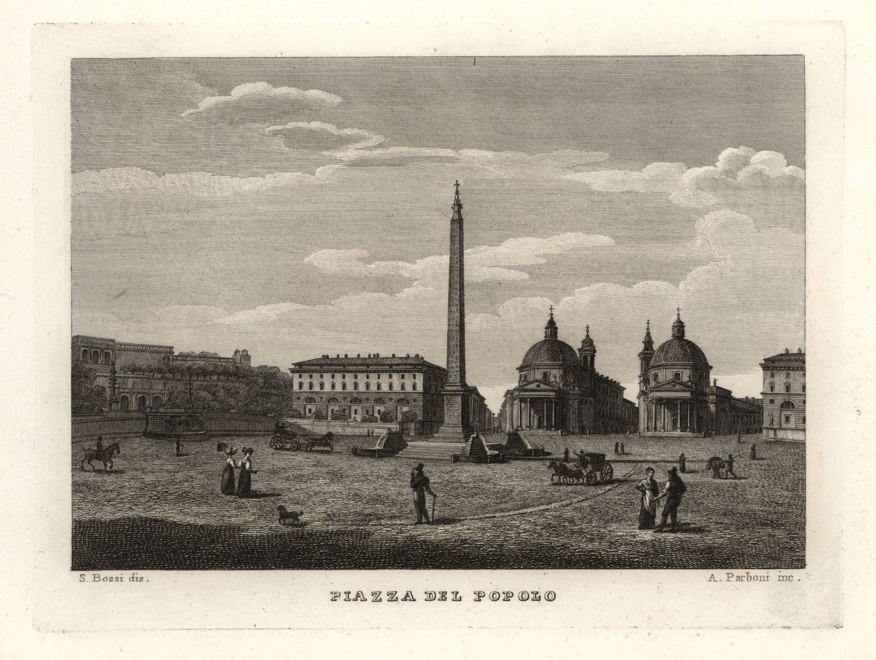 Näkymä Piazza del Popololle, Roomalle, muinaisella obeliskillä Heliopolisista, Egyptistä tekijältä Unbekannt