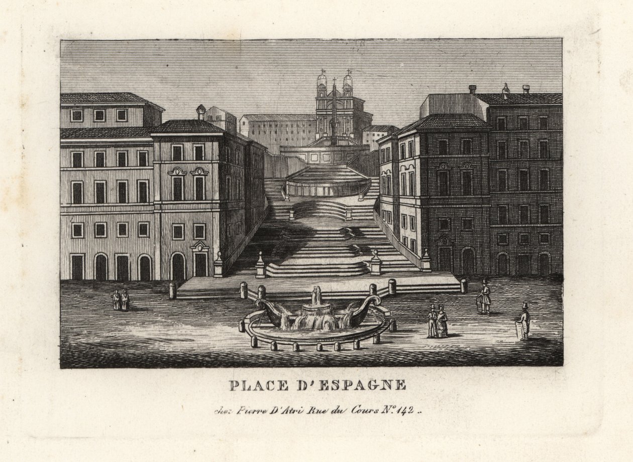 Näkymä Piazza di Spagnalle, Fontana della Barcaccialle, Veneen suihkulähteelle ja Scalinata di Trinita dei Montille, Espanjalaisille portaille, Rooma tekijältä Unbekannt