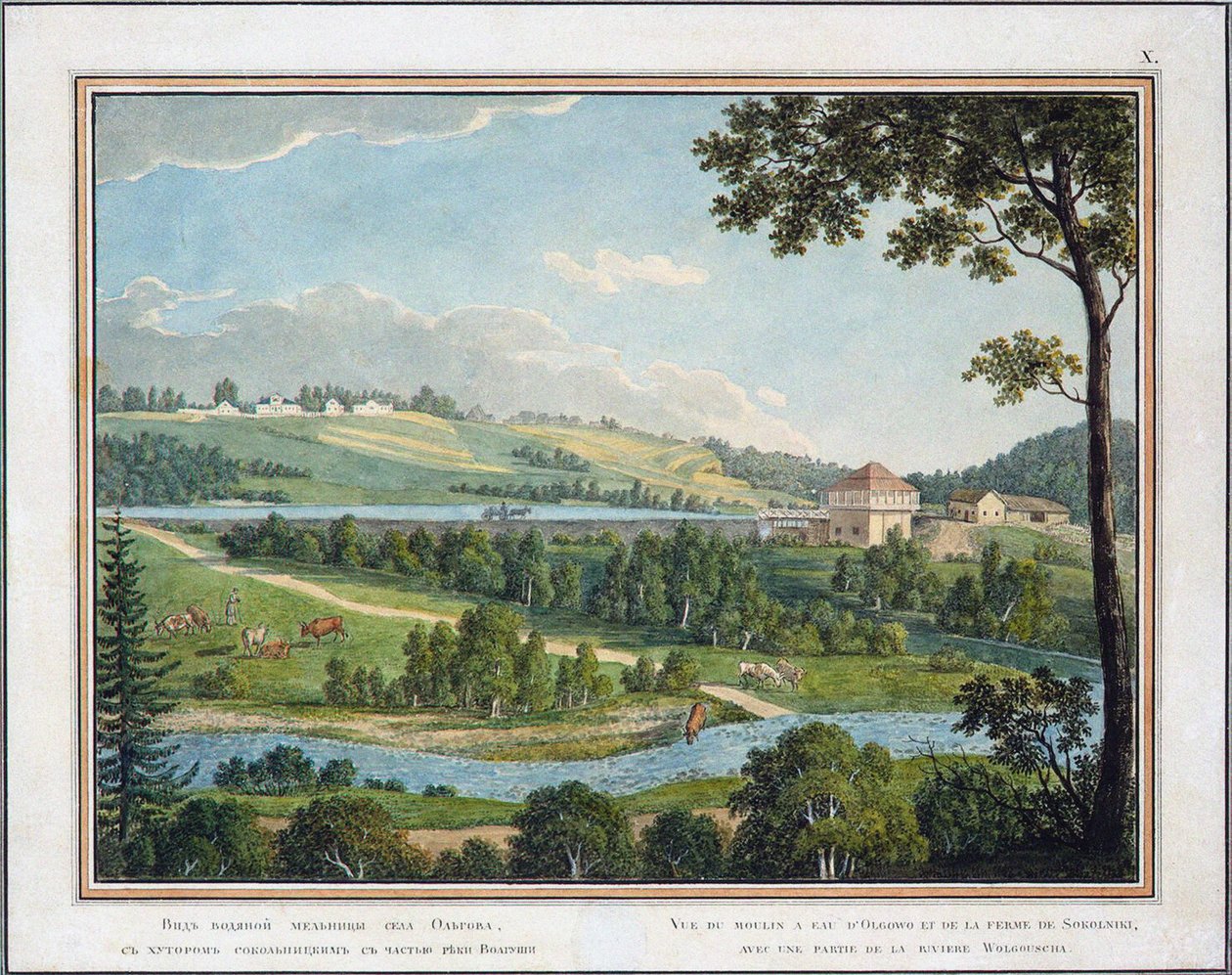 Näkymä vesimyllylle Olgovon kartanolla lähellä Moskovaa, 1800-luvun puolivälissä tekijältä Unbekannt