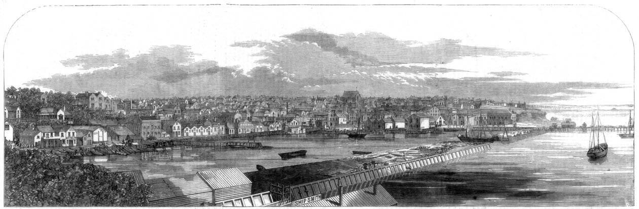 Näkymä Aucklandin kaupungista, Uudesta-Seelannista, uudella kaupallisella penkereellä, 1860 tekijältä Unbekannt