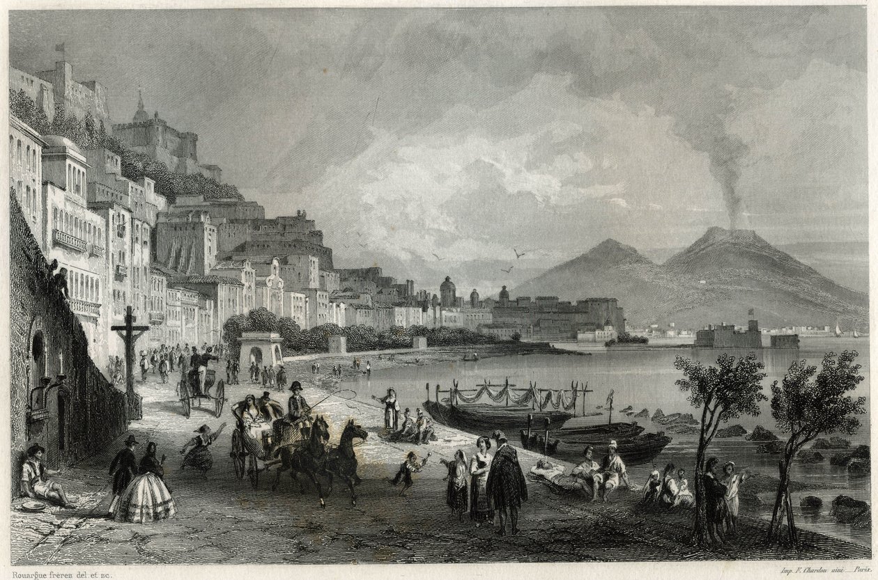 Näkymä satamaan ja Napolin kaupunkiin 1800-luvulla, ranskalaisen toimittajan ja matkailijan Louis Enault