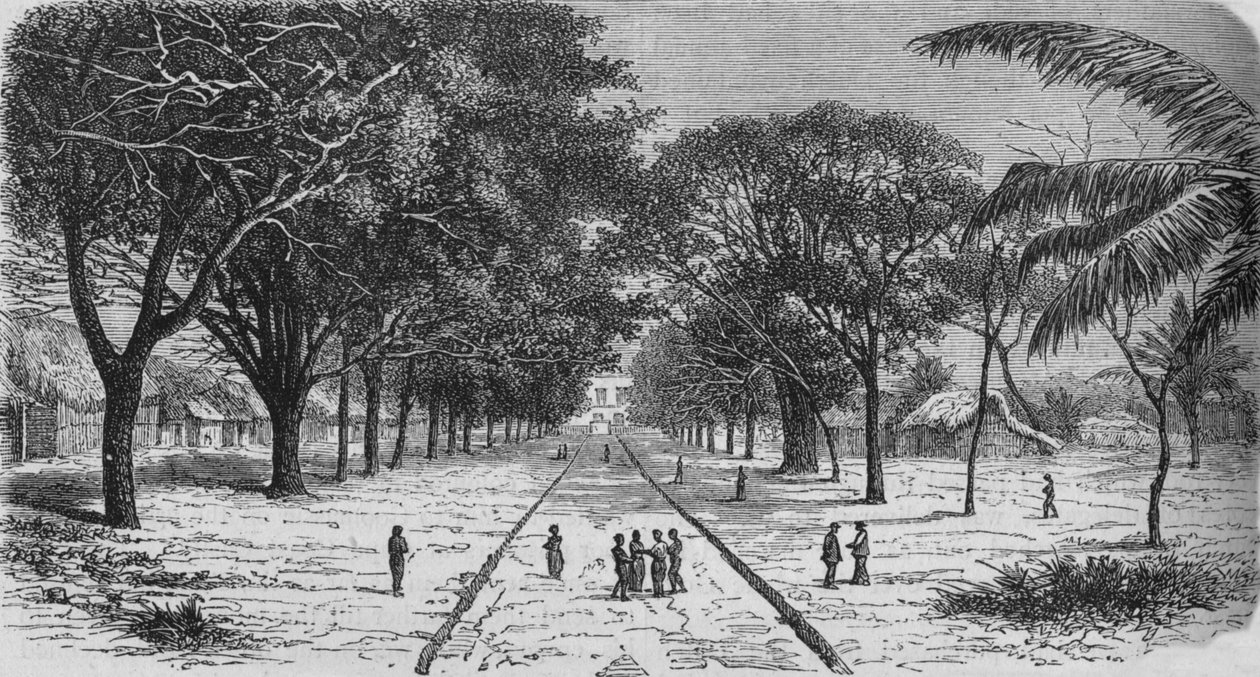 Kylä Afrikan länsirannikolla, vuodelta 1880 tekijältä Unbekannt