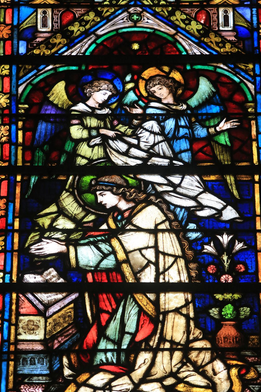 Neitsyt Maria. Yksityiskohdat. Neitsyen kruunaus. Frantz Mayer de Munickin lasimaalaukset 1884. Notre Dame de la Ronden kappeli. Metzin Pyhän Tapanin katedraali, Metz, Ranska tekijältä Unbekannt
