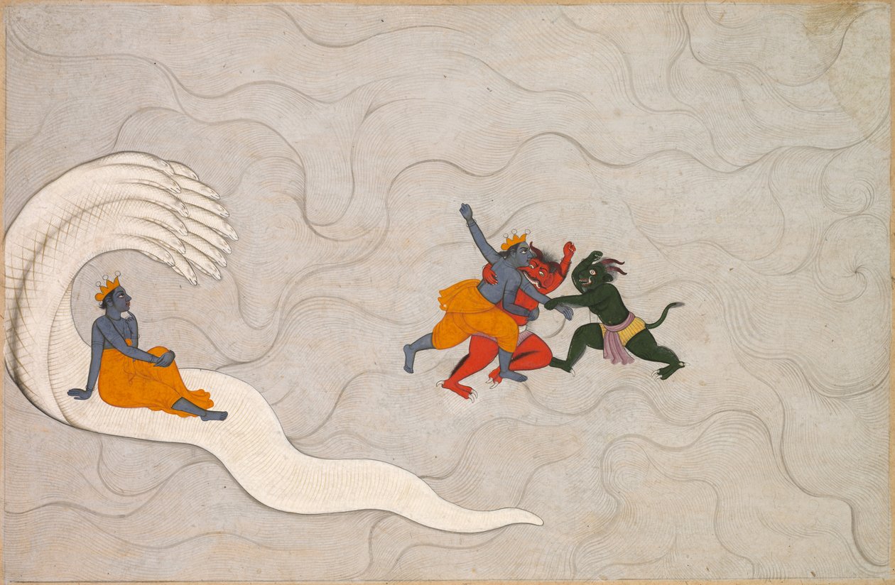 Vishnu taistelut Madhu ja Kaitabha, Markandeya Purana, n. 1760. tekijältä Unbekannt