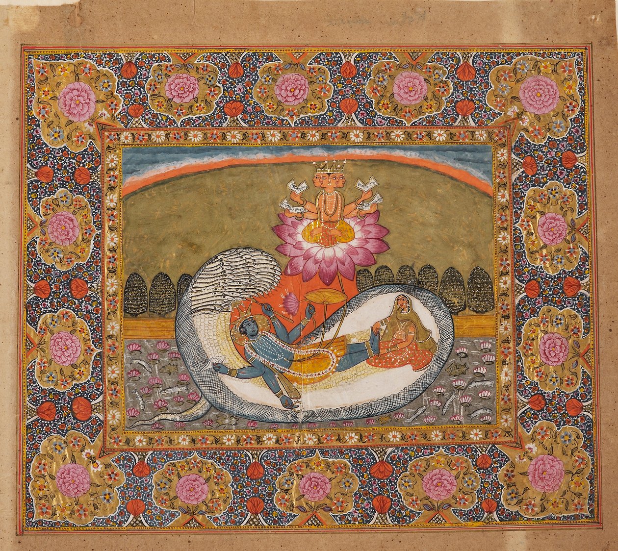 Vishnu ja Lakshmi käärme Sheshassa, Brahma lootuksella, mahdollisesti 1800-luvun lopulla tekijältä Unbekannt