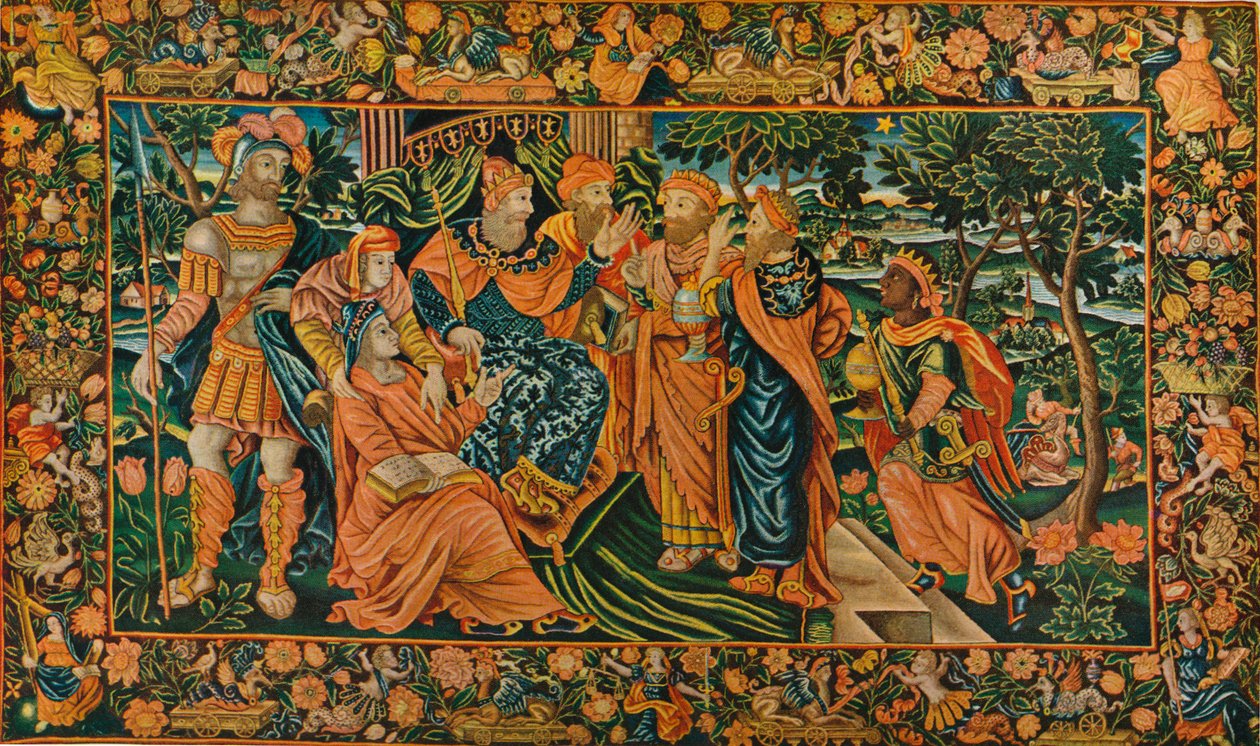 Tietien vierailu Herodeksen luo: Elizabethan Petit-Point -paneeli, 1500-luku tekijältä Unbekannt