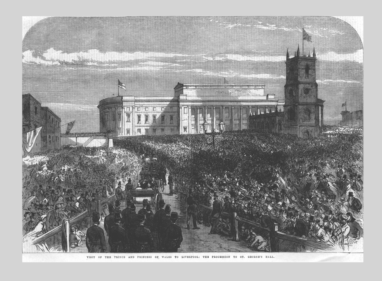 Walesin prinssin ja prinsessan vierailu Liverpooliin. Kulkue St. Georges Halliin, 1865 tekijältä Unbekannt