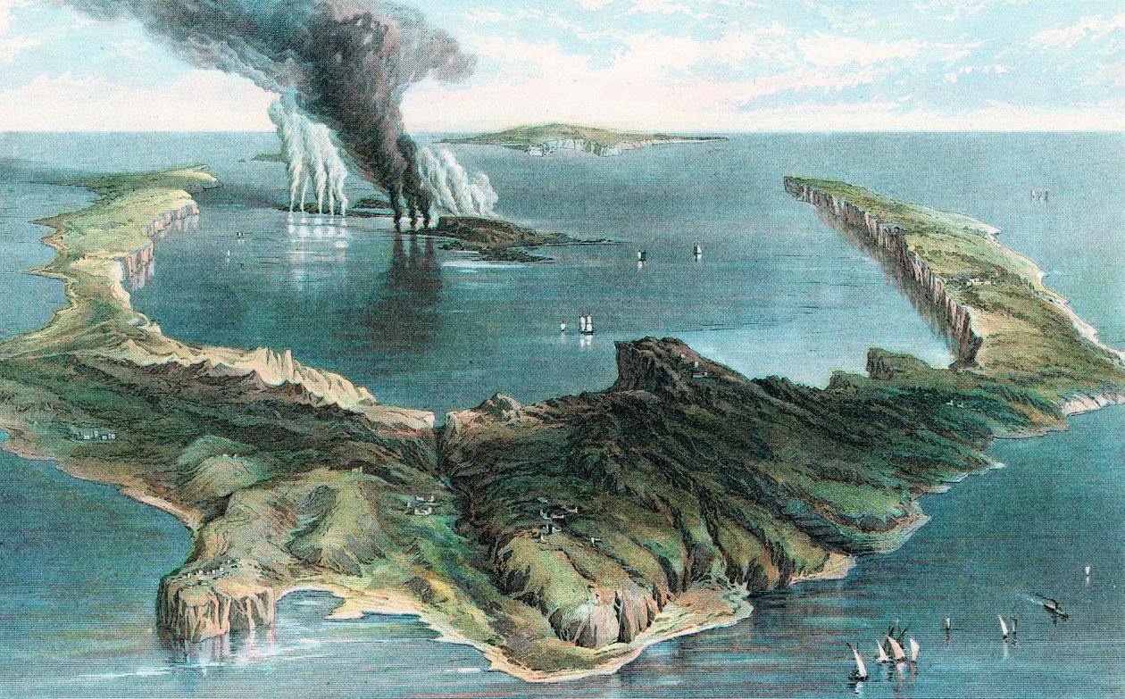 Tulivuori Thera Santorinin saarella purkautumassa 1866 tekijältä Unbekannt