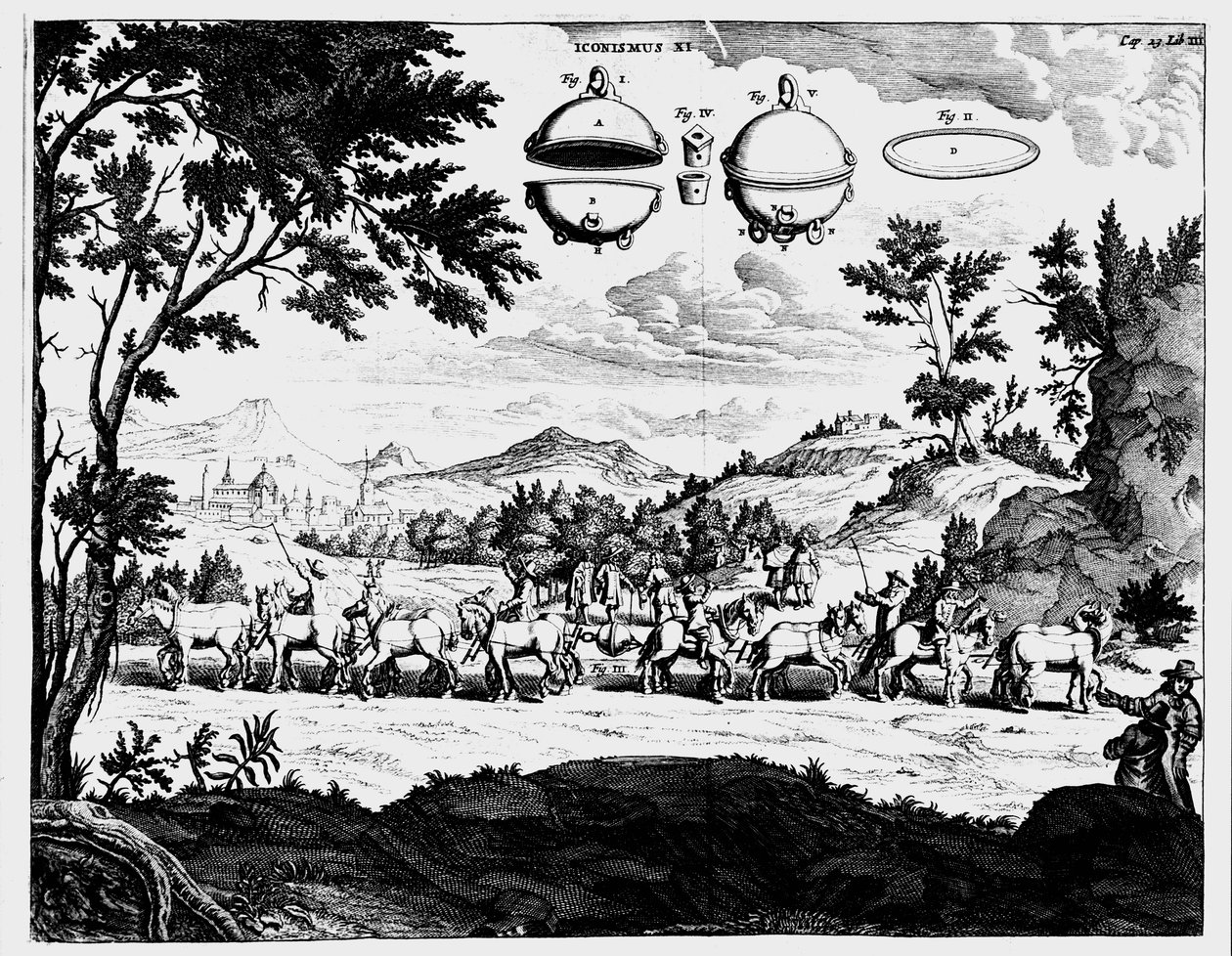 Von Guerickesin esittely ilmanpaineen voimakkuudesta, 1672 tekijältä Unbekannt