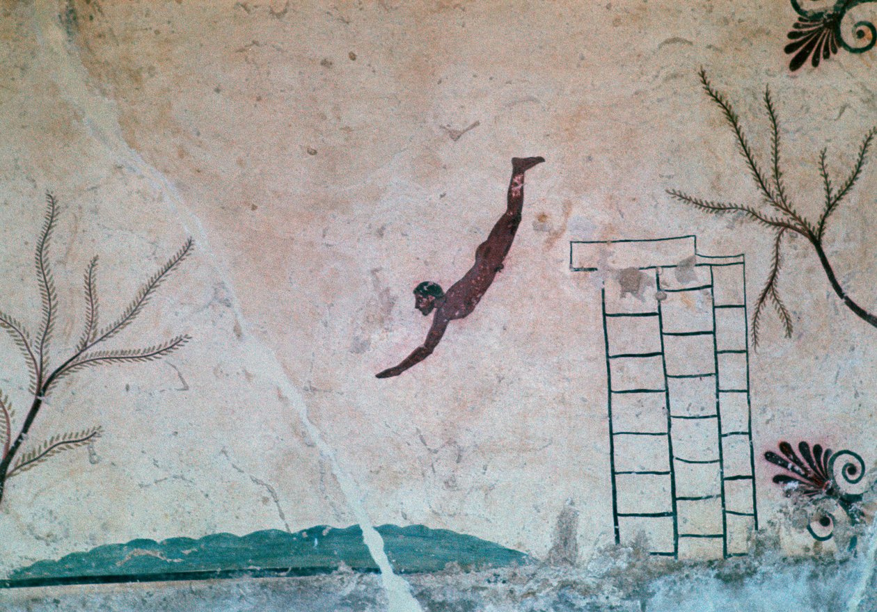 Seinämaalaus uimarin kreikkalaisesta haudasta Paestumissa, 800-luku tekijältä Unbekannt