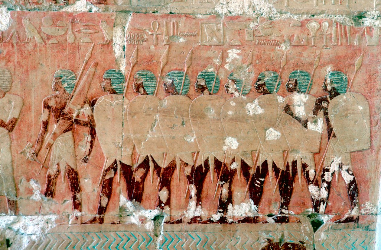 Seinämaalaus egyptiläisistä sotilaista tutkimusmatkalla, Kuningatar Hatshepsutin temppeli, Luxor, n. 1470 eaa. tekijältä Unbekannt