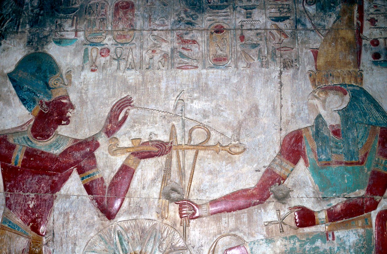 Sethos I:n taustamaalaus ennen Horusta, Sethos I:n temppeli, Abydos, Egypti, n. 1280 eaa. tekijältä Unbekannt