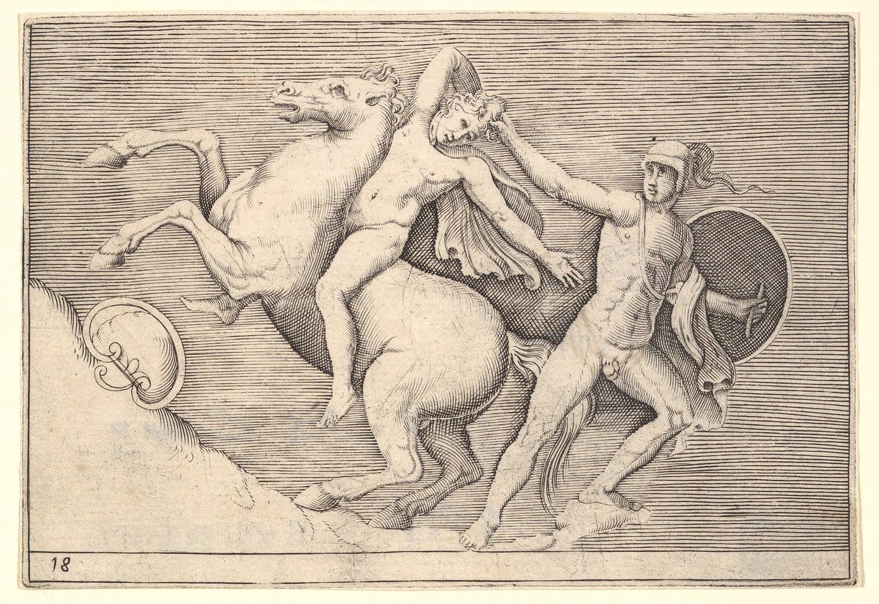 Warrior Pulling a Rider from His Horse, Ex Antiquis Camus et Ge..., julkaistu n. 1599-1622. tekijältä Unbekannt