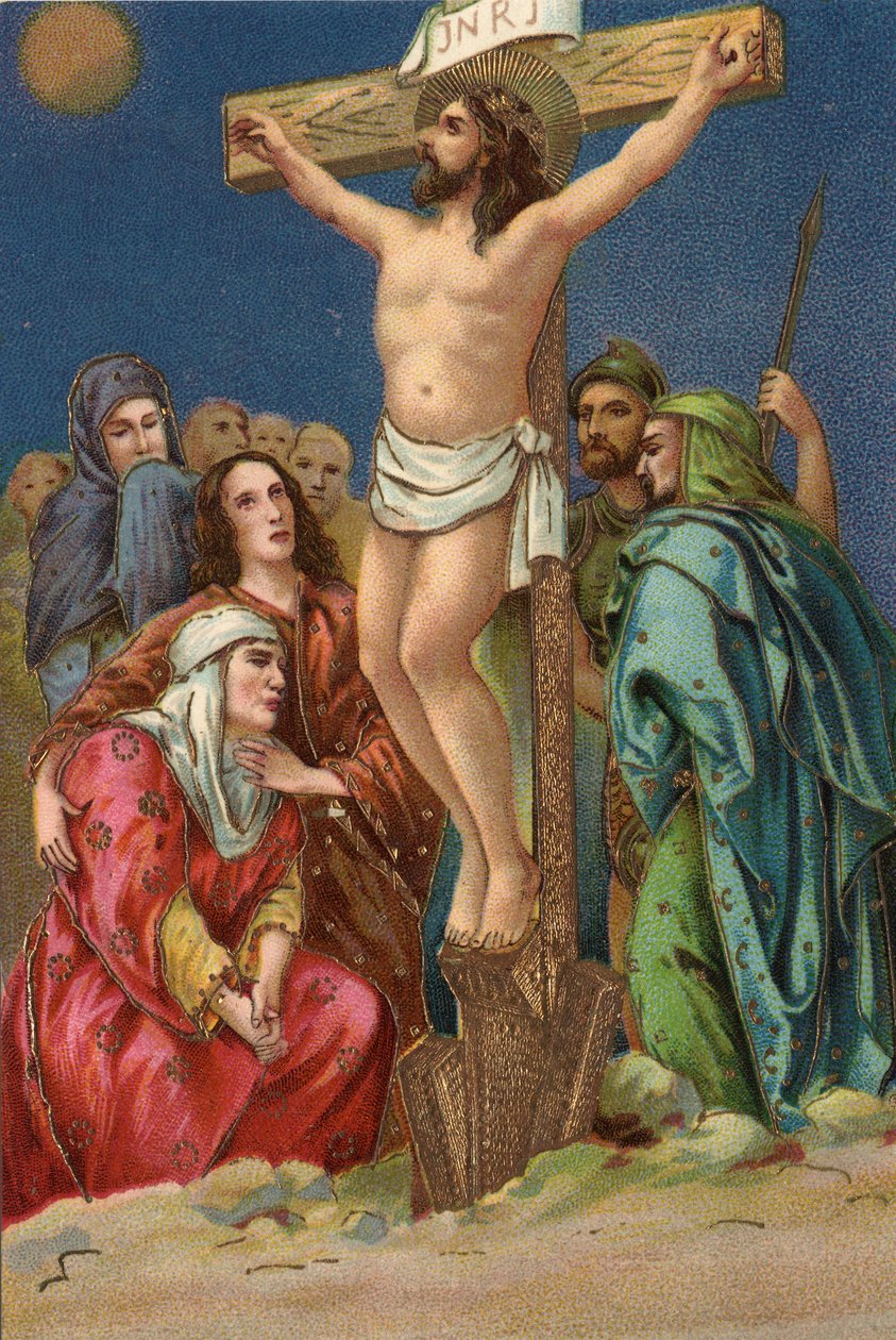 Ristintie - via crucis - Ristin asemat: ristiinnaulitseminen, kahdestoista asema, Jeesus kuolee ristillä Kromolitografia Yksityinen kokoelma tekijältä Unbekannt