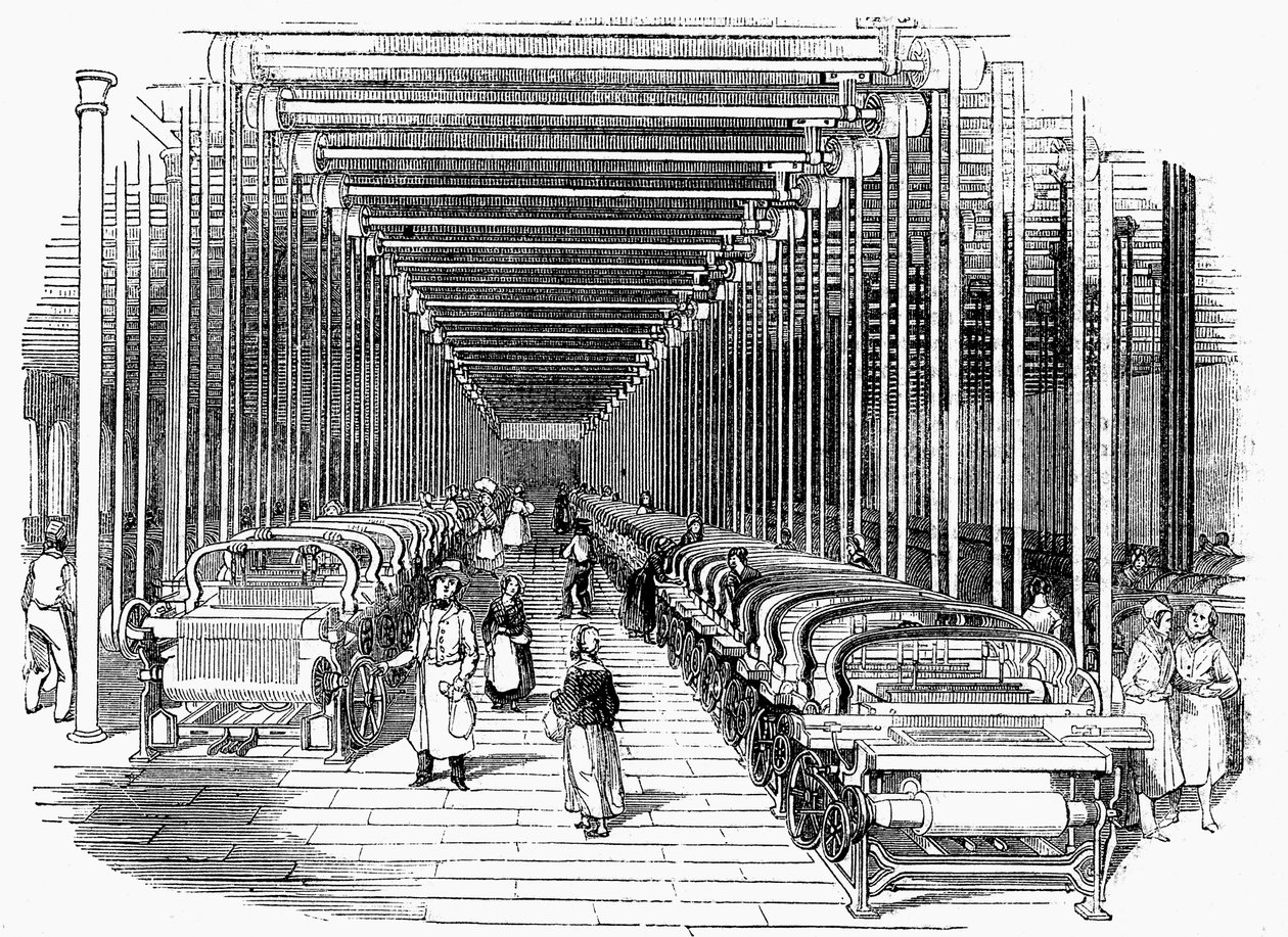 Kudontavaja, joka on varustettu riveillä hihnalla ja varrella käytettäviä kutomakoneita, c1840 tekijältä Unbekannt