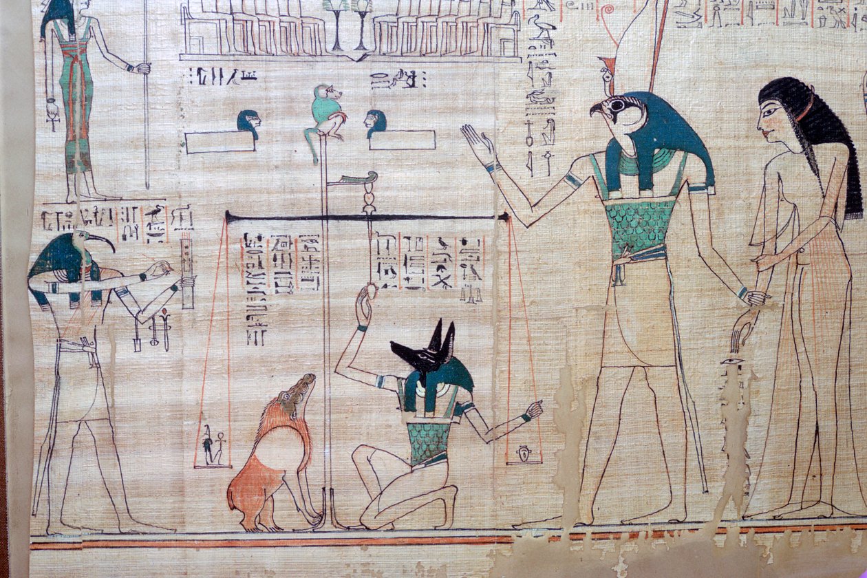 Vainajan sydämen punnitus totuuden höyhentä vastaan Egyptin kuolleiden kirjasta tekijältä Unbekannt