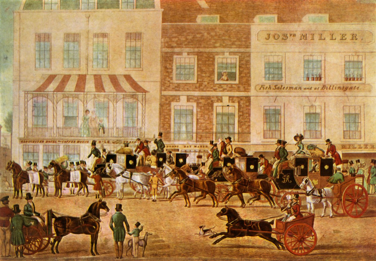 "West Country Mails at the Gloucester Coffee House, Piccadilly", c1830, 1943. tekijältä Unbekannt