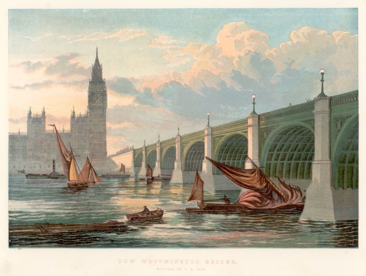 Westminster Bridge, Lontoo, katsottuna Thamesin etelärannalta, 1858 tekijältä Unbekannt