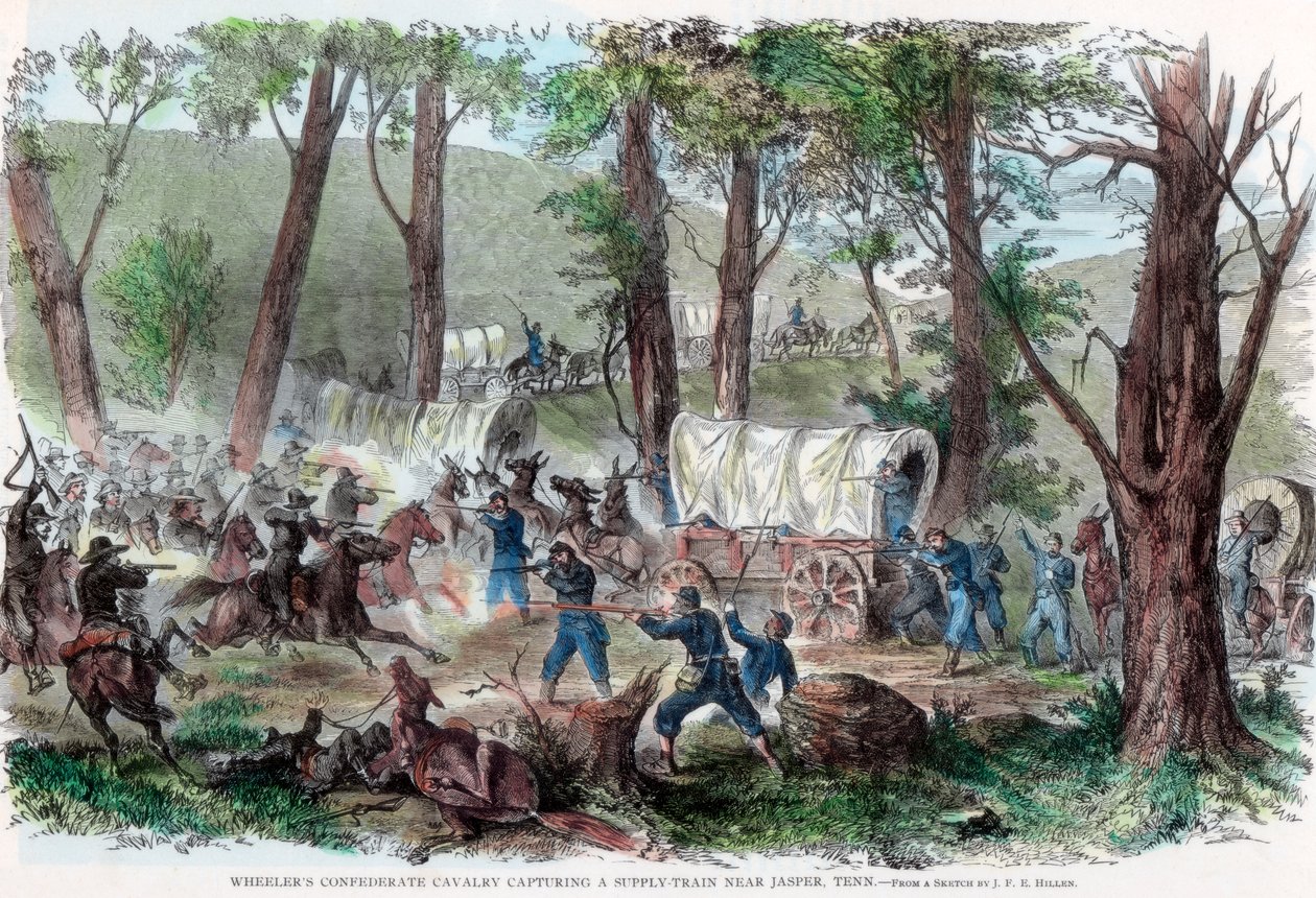 Wheelersin konfederaation ratsuväki vangitsee huoltojunan lähellä Jasperia, Tennessee, c1863 tekijältä Unbekannt