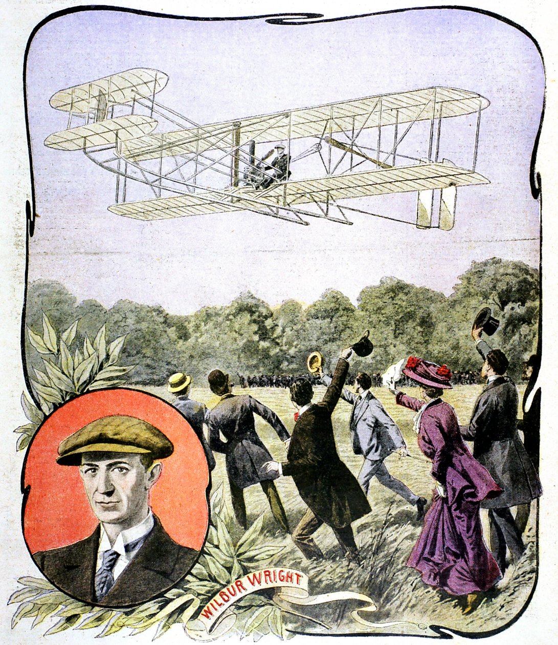 Wilbur Wrightin ensimmäinen lento Euroopassa Hunaudieres-kilparadalla lähellä Le Mansia, Ranskassa, 1908 tekijältä Unbekannt